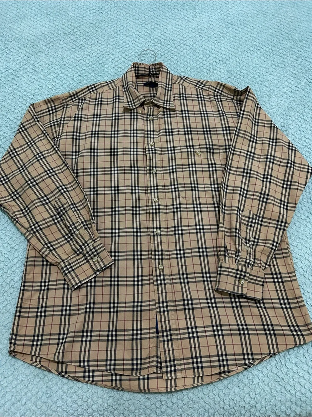 Burberry Beige Plaid Long-Sleeve Button Shirt, size Large